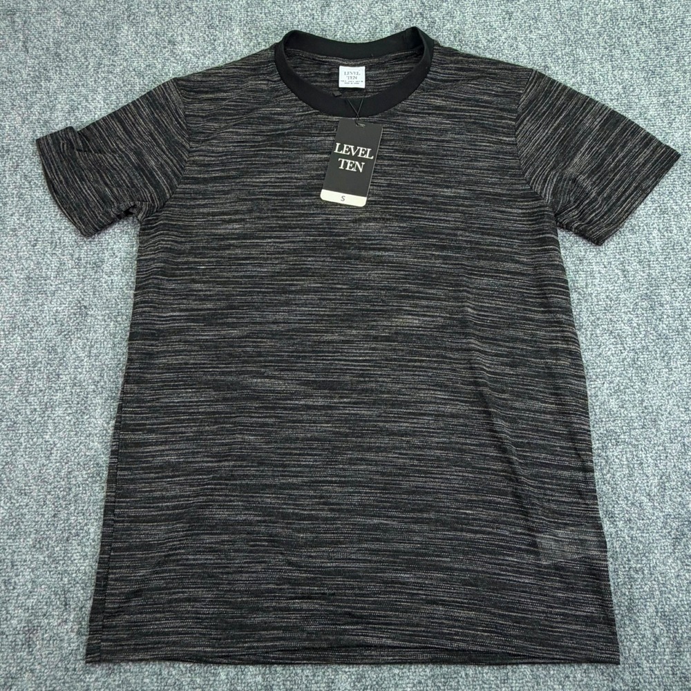 Level Ten T Shirt Mens Small Black Melange Knit Short Sleeve Poly Viscose NWT